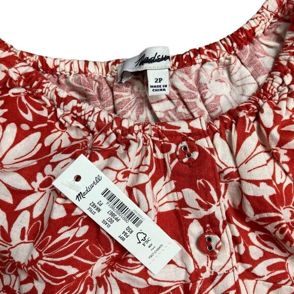 Madewell Margie Mini Dress 2P Red Abstract Floral Vintage Inspired Linen Blend - Picture 4 of 12